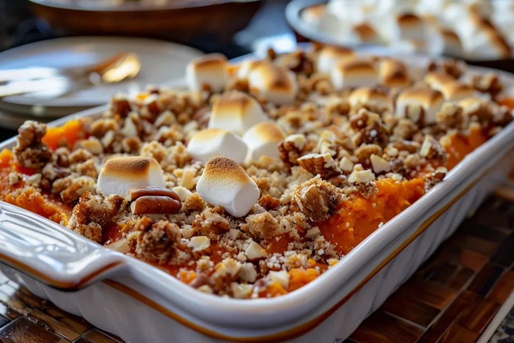 Delicious sweet potato casserole topped with pecans and marshmallows
