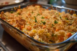 Thanksgiving Chicken Casserole with savory ingredients and golden topping