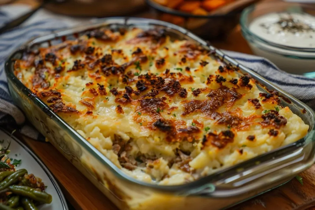 Delicious Thanksgiving leftover casserole baked with turkey and vegetables.