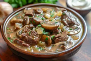 Delicious bowl of Hungarian Steak and Mushroom Soup garnished with herbs