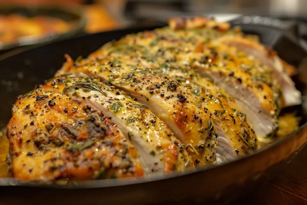 Juicy roasted turkey breast dinner served with side dishes and garnished.