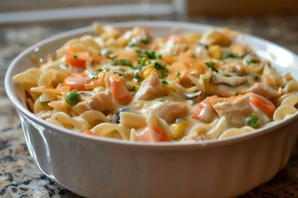 Delicious Turkey Casserole topped with breadcrumbs and herbs