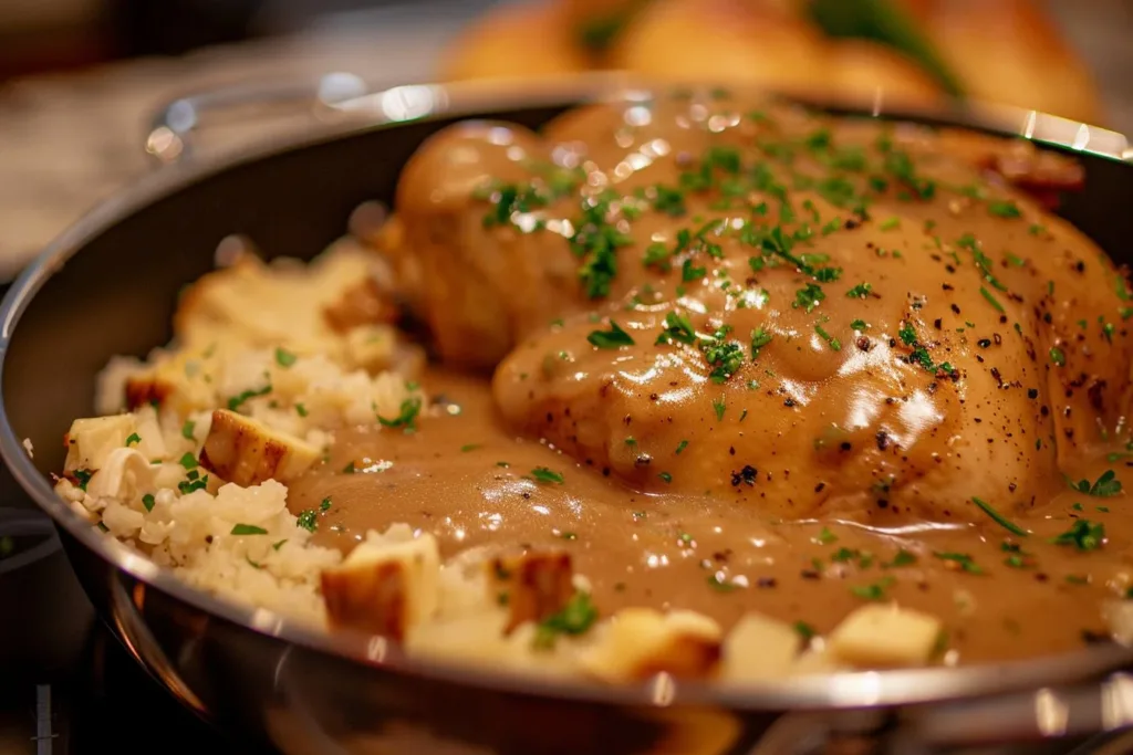 Delicious homemade turkey gravy served over Thanksgiving turkey