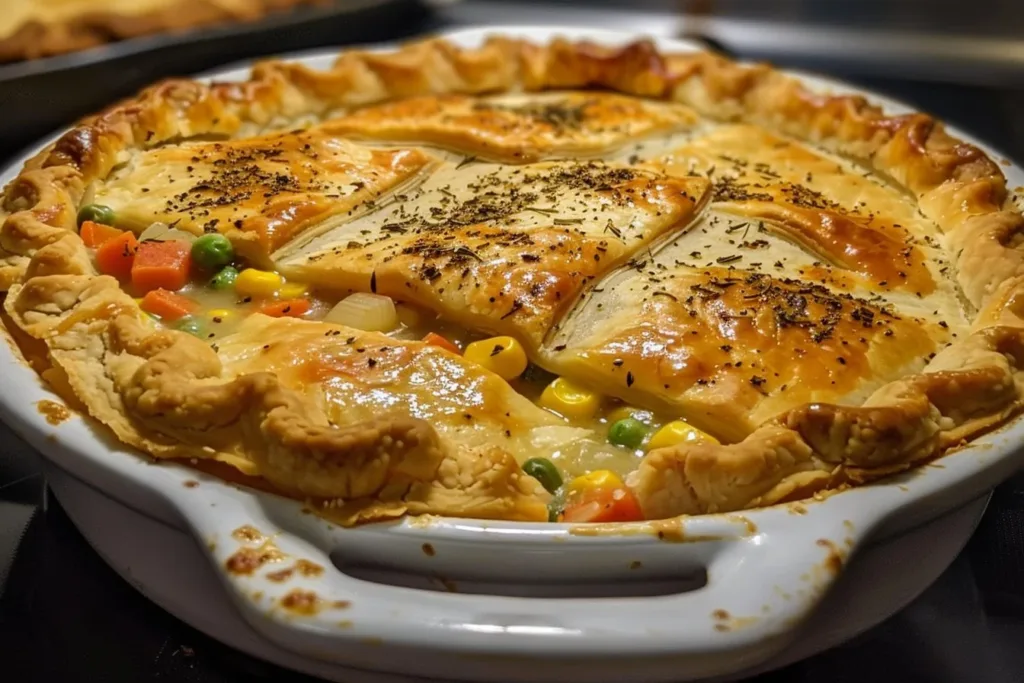 Delicious homemade Vegetarian Pot Pie with colorful vegetables and a golden crust.