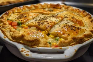 Delicious homemade Vegetarian Pot Pie with colorful vegetables and a golden crust.