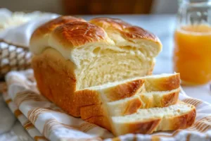 Freshly baked white bread slices on a wooden table