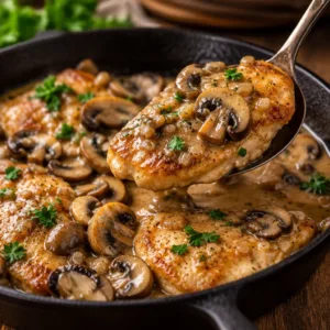 Delicious Chicken Marsala featuring pan-seared chicken and creamy mushroom sauce.