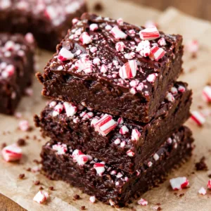 Fudgy peppermint brownies topped with crushed candy canes and chocolate drizzle.