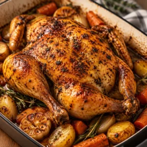 A beautifully roasted garlic butter chicken with crispy skin and herbs.