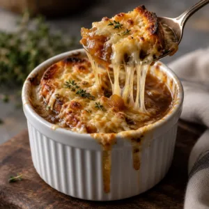 Bowl of rich French Onion Soup topped with crusty bread and melted cheese.